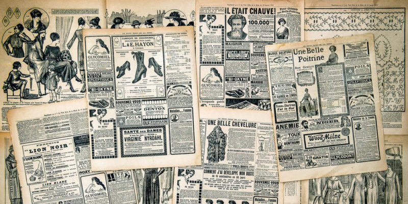 Collage de publciidades en periódicos antiguos